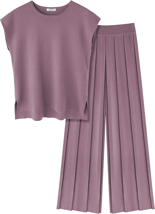 Ekouaer Lounge Sets for Women Two Piece Outfits Knit Cap Sleeve Tops Wide Leg Pleated Pants Casual Dressy Sweater Sets | Amazon (US)
