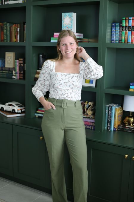 Army green pants and floral square neck blouse 