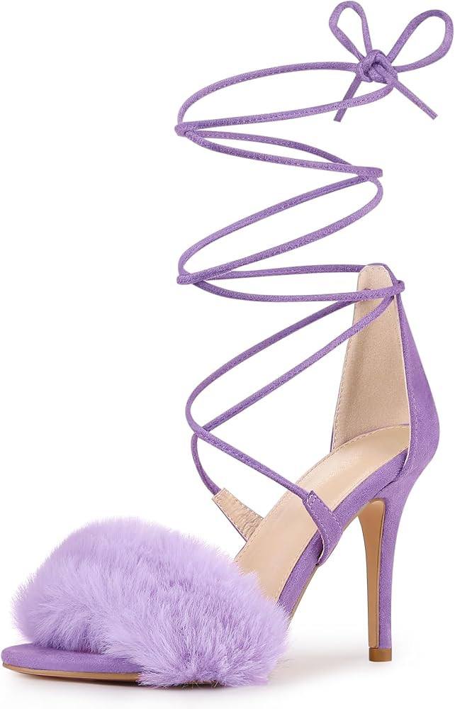 Allegra K Women's Faux Fur Stiletto Heel Lace Up Heels Sandals | Amazon (US)