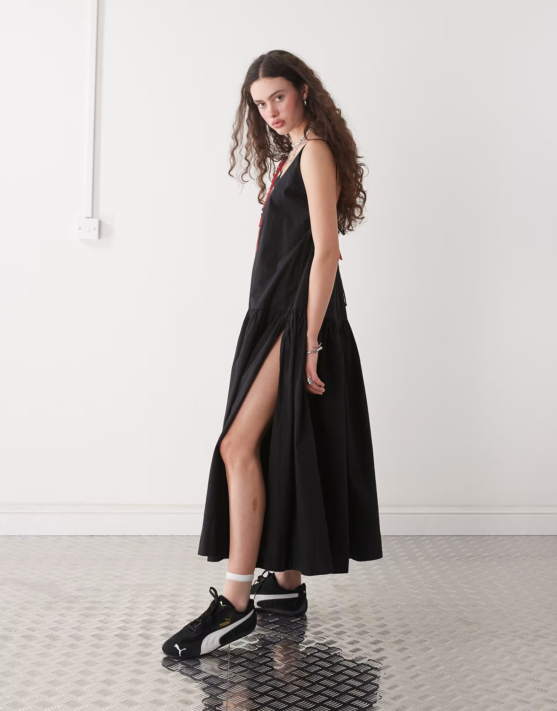 Monki tiered floaty maxi dress with low tie back detail in black | ASOS | ASOS (Global)