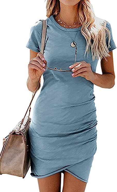 BTFBM Women's 2023 Summer Casual Beach Dresses Crew Neck Short Sleeve Wrap Party Club Mini Ruched... | Amazon (US)