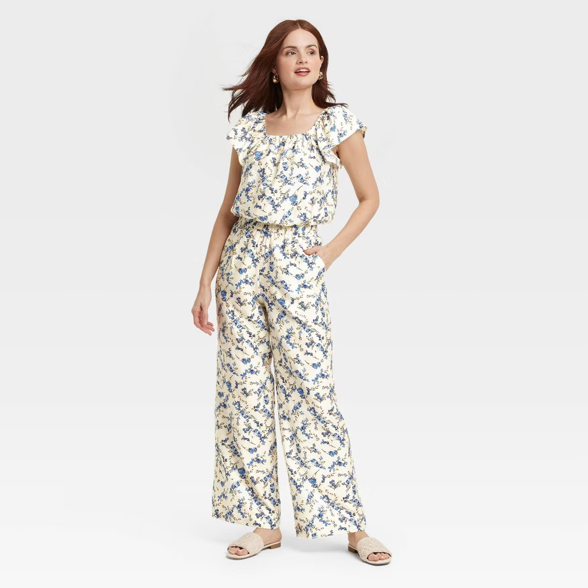 Women's High-Rise Wide Leg Pull-On Pants - A New Day™ Cream Floral | Target