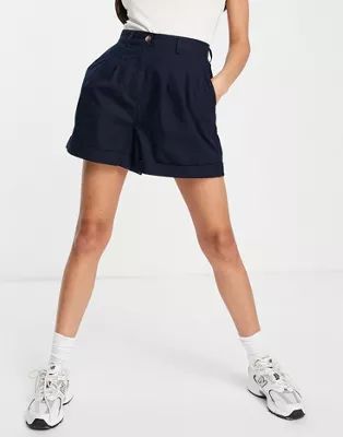 ASOS DESIGN pleated front linen wide leg shorts in navy | ASOS (Global)