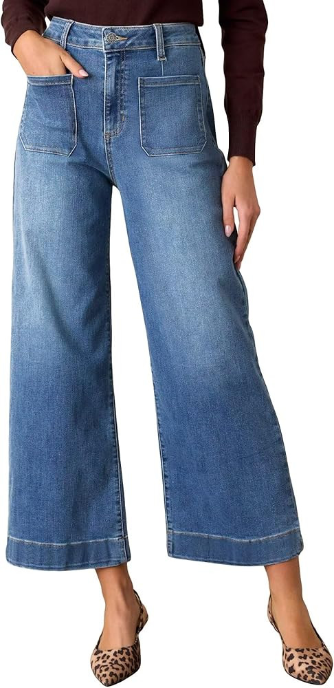 Allimy Women's High Waisted Cropped Wide Leg Jeans Stretchy Loose Denim Pants with Front Patch Po... | Amazon (US)