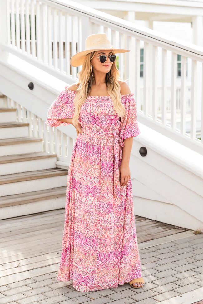 Dynamic Love Pink Printed Off The Shoulder Maxi Dress | Pink Lily