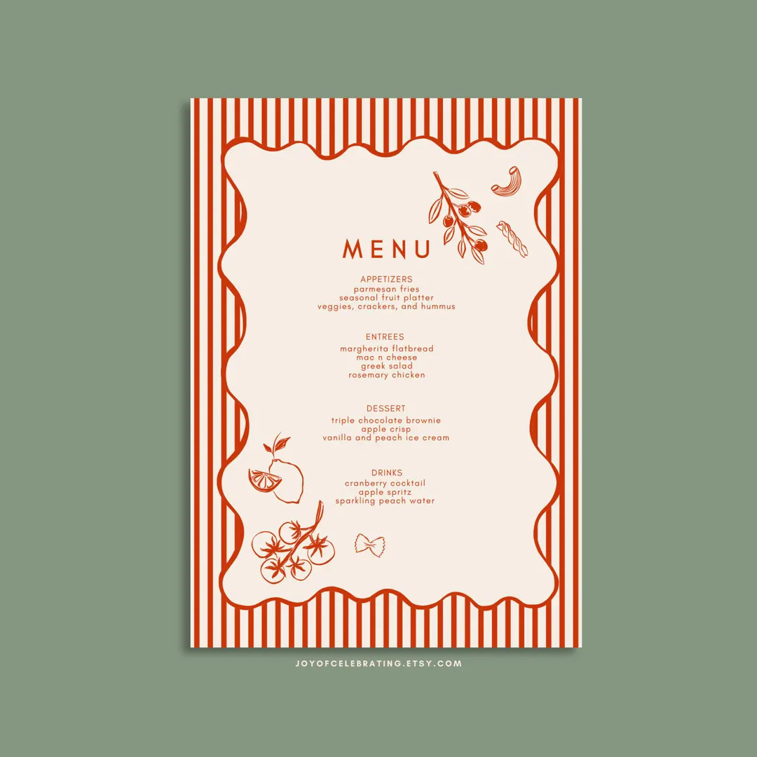 Bella | Italian Stripes Menu Template, Fully Customizable Hand Drawn Italian Themed Party, Pasta ... | Etsy (US)