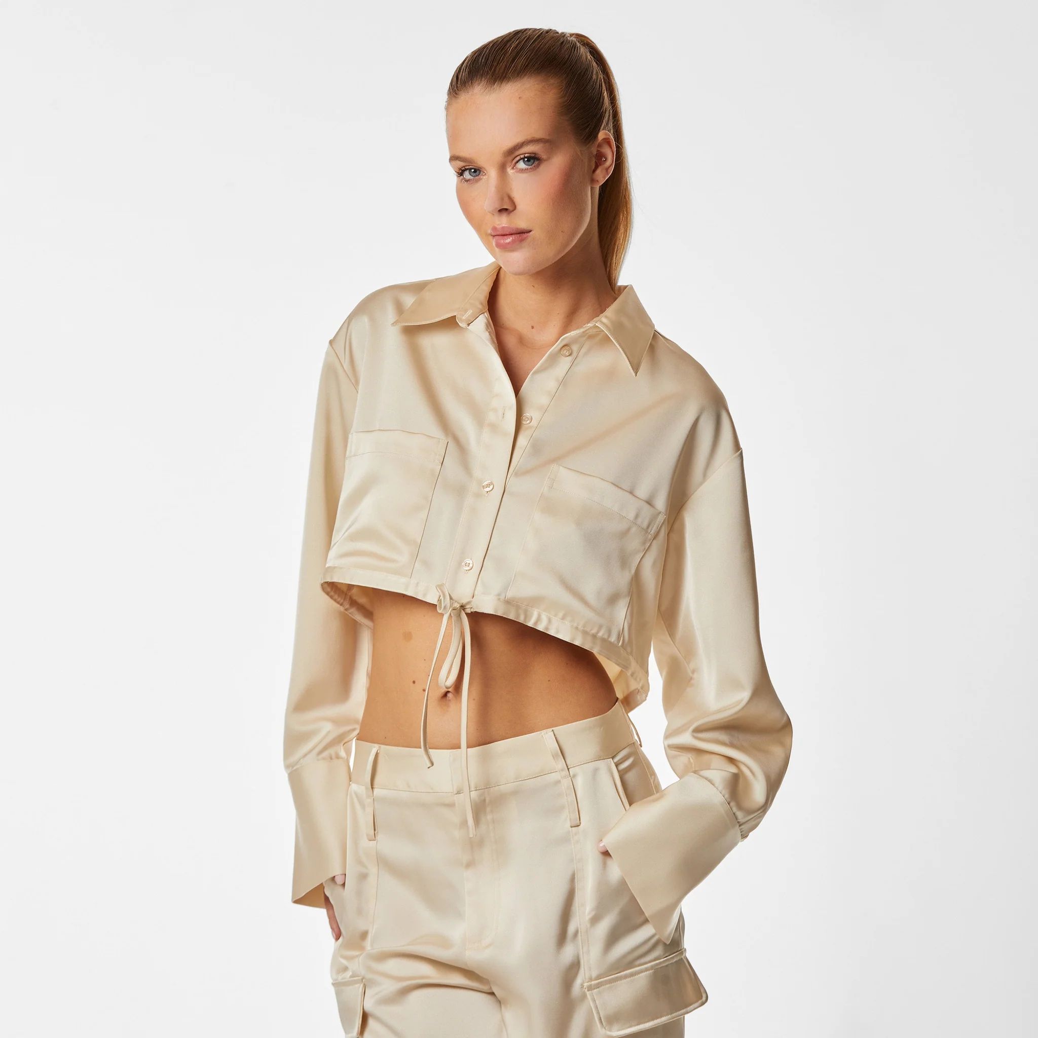 Milan Satin Button Up - Pearl | The Noli Shop