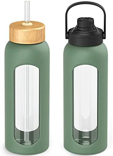 Kodrine Glass Water Bottles with Straw, 32 oz Water Bottle with 2 Lids - Handle Spout Lid & Bambo... | Amazon (US)