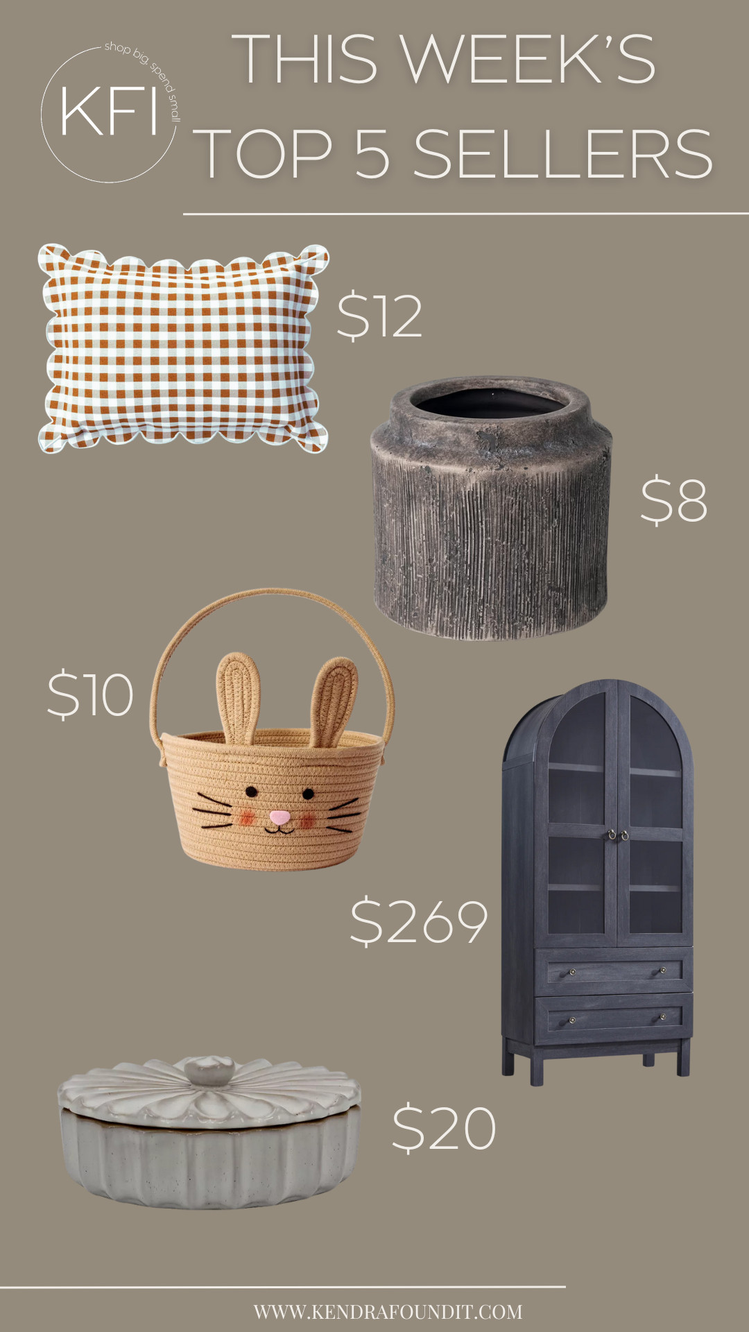 This Week's Top Sellers are in! 🏆 I've got a $12 Studio McGee gingham outdoor throw pillow, the viral $8 Walmart modern organic planter vase that I bought for myself, a $10 easter bunny easter basket (also comes in a unicorn, bee, frog, and dinosaur), a Walmart arched cabinet with killer reviews for $269 (on sale!), and a $20 transitional trinket box that looks WAY more expensive than it is. TGIF!  

 #LTKHome #LTKSaleAlert #LTKFindsUnder50