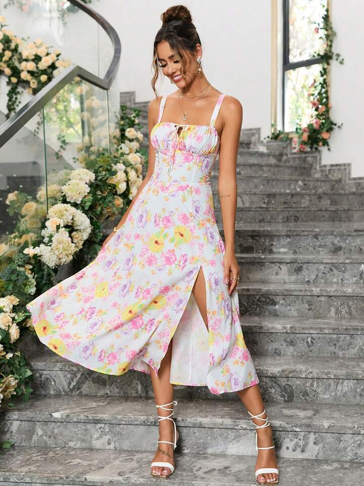 PARTHEA Floral Print Tie Front Split Thigh Cami Dress | SHEIN