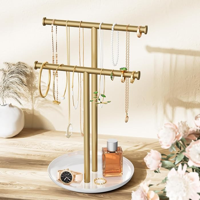 Gold Necklace Rack Stand with Storage Tray, T-Shaped Jewelry Holder Stand. | Amazon (US)