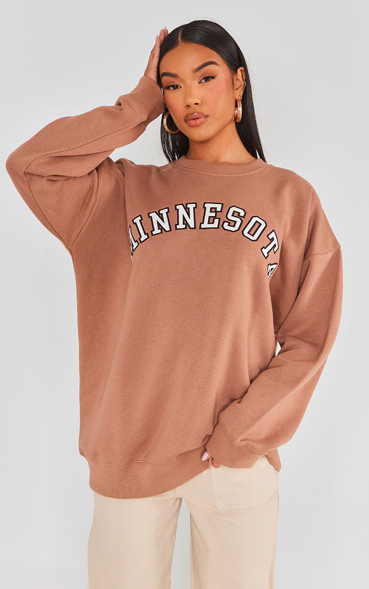 Mocha Minnesota Embroidered Sweatshirt | PrettyLittleThing US