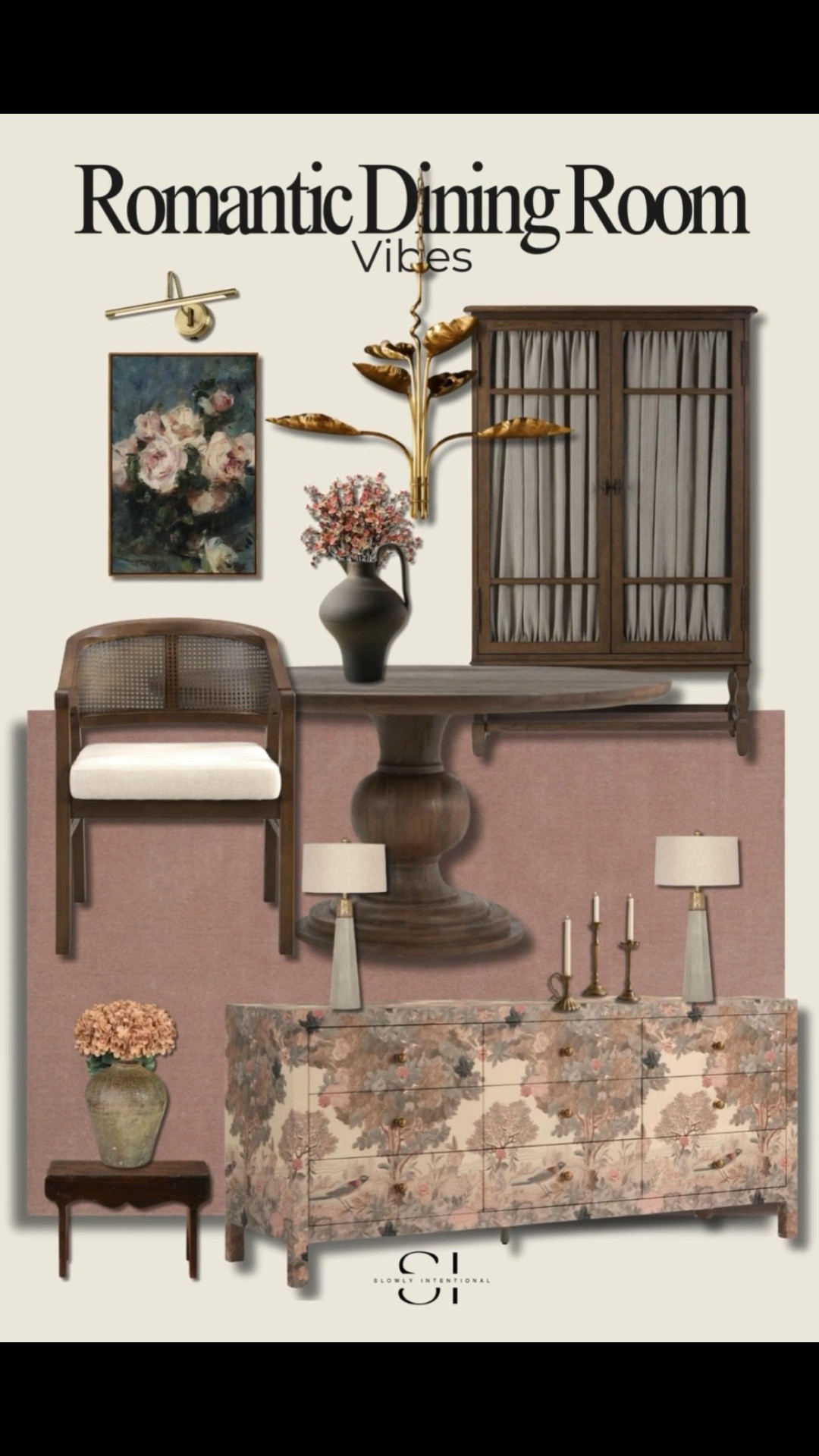 This dining room design feels soft and romantic with warm wood tones, floral details, and vintage-inspired accents. I paired a round pedestal dining table with a cane-back chair for that cozy, timeless look. The floral sideboard steals the show—it adds so much character without being too bold. Brass accents in the chandelier, candlesticks, and picture light layer in warmth, while soft pink tones in the rug and florals make the whole space inviting. A curated mix of art, a cabinet with draped doors, and classic table lamps give this room a lived-in but polished feel.

Perfect if you’re looking for dining room furniture, dining room lighting, dining room storage, dining room rug ideas, vintage-inspired home decor, or floral furniture that makes your home feel intentional and unique.

#LTKHome