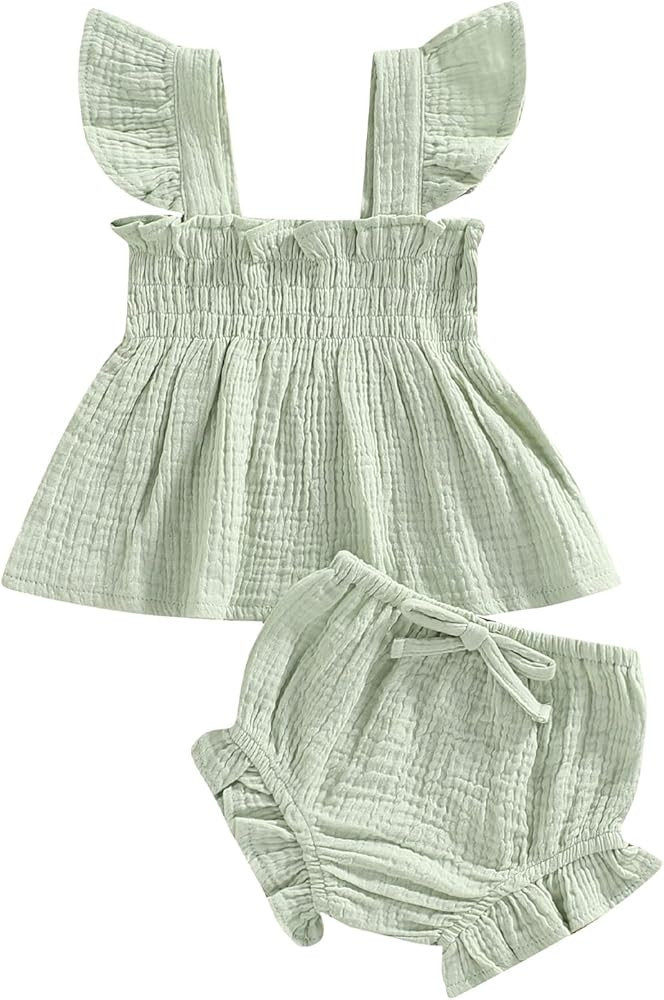 Toddler Baby Girls Summer Outfit Cotton Linen Ruffle Sleeveless Tank Top and Elastic Shorts Set | Amazon (US)