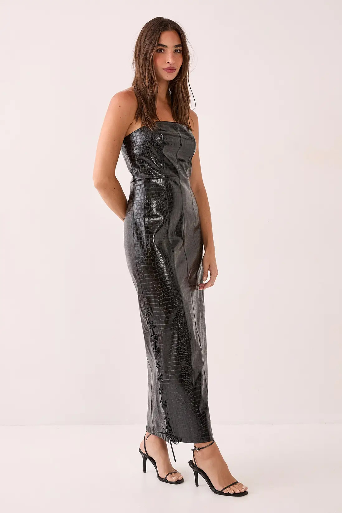 Faux Leather Croc Bandeau Lace Up Maxi Dress | Nasty Gal US