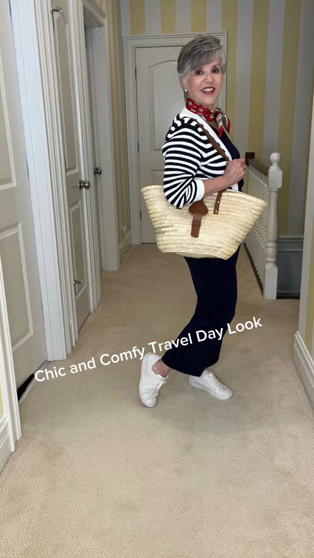 Do you hate figuring out a chic but comfy travel look? This navy two-piece set, striped cardigan, red scarf, and straw basket bag is the perfect airport-to-anywhere look. Great for early fall fashion, classic outfits for women over 50, and travel-ready style. Keywords: stylish outfits for women over 50, early fall fashion, classic style outfit, autumn capsule wardrobe

#LTKFindsUnder100 #LTKSaleAlert #LTKTravel
