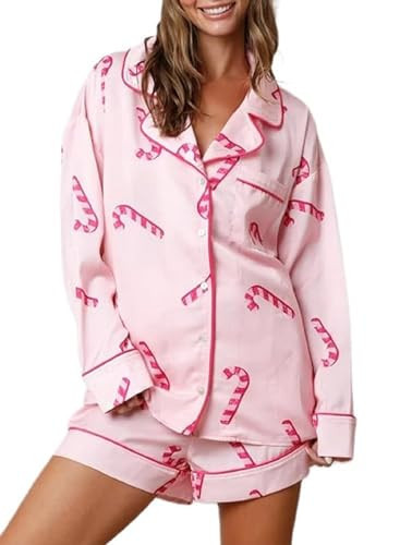NUFIWI Women Christmas Pajamas Shorts Set Cute Santa Pjs Long Sleeve Notch Collar Shirt Lounge Pants 2Piece Holiday Sleepwear(A Candy Cane Pink,M) | Amazon (US)
