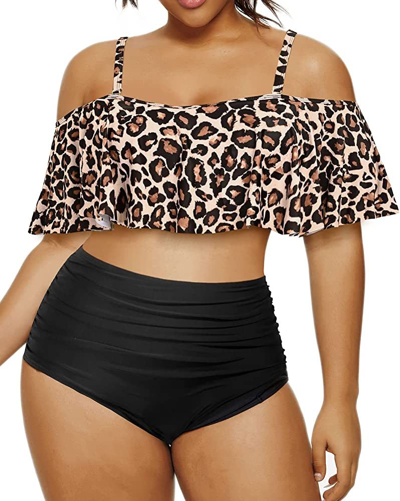 Daci Women Plus Size Two Piece Bikini Ruffle Swimsuits with High Waisted Tummy Control Bottom Ruched | Amazon (US)