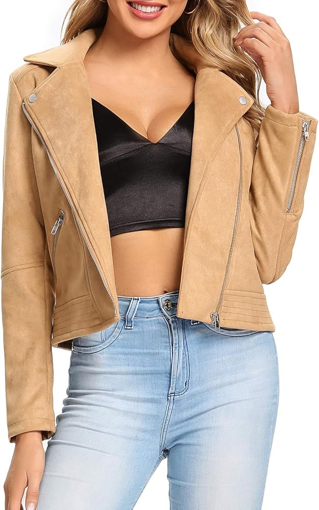 S P Y M Womens Faux Suede Jackets Casual Long Sleeve Zipper Up Short Moto Biker Coat | Amazon (US)