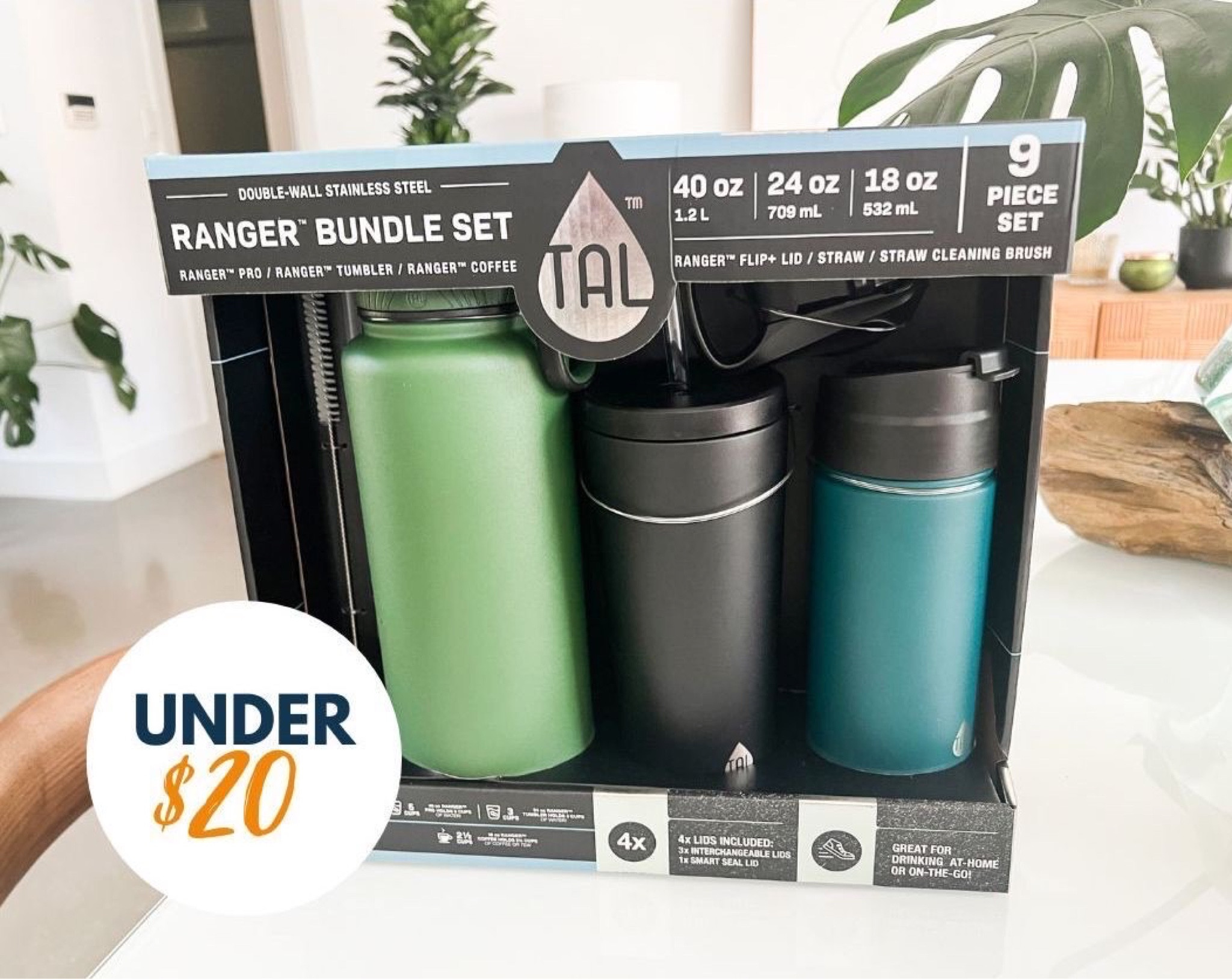 TAL Stainless Steel Water Bottle Bundle, 9 Piece Set, 40 fl oz, 24 fl oz,  18 fl oz, Black Green and Teal 