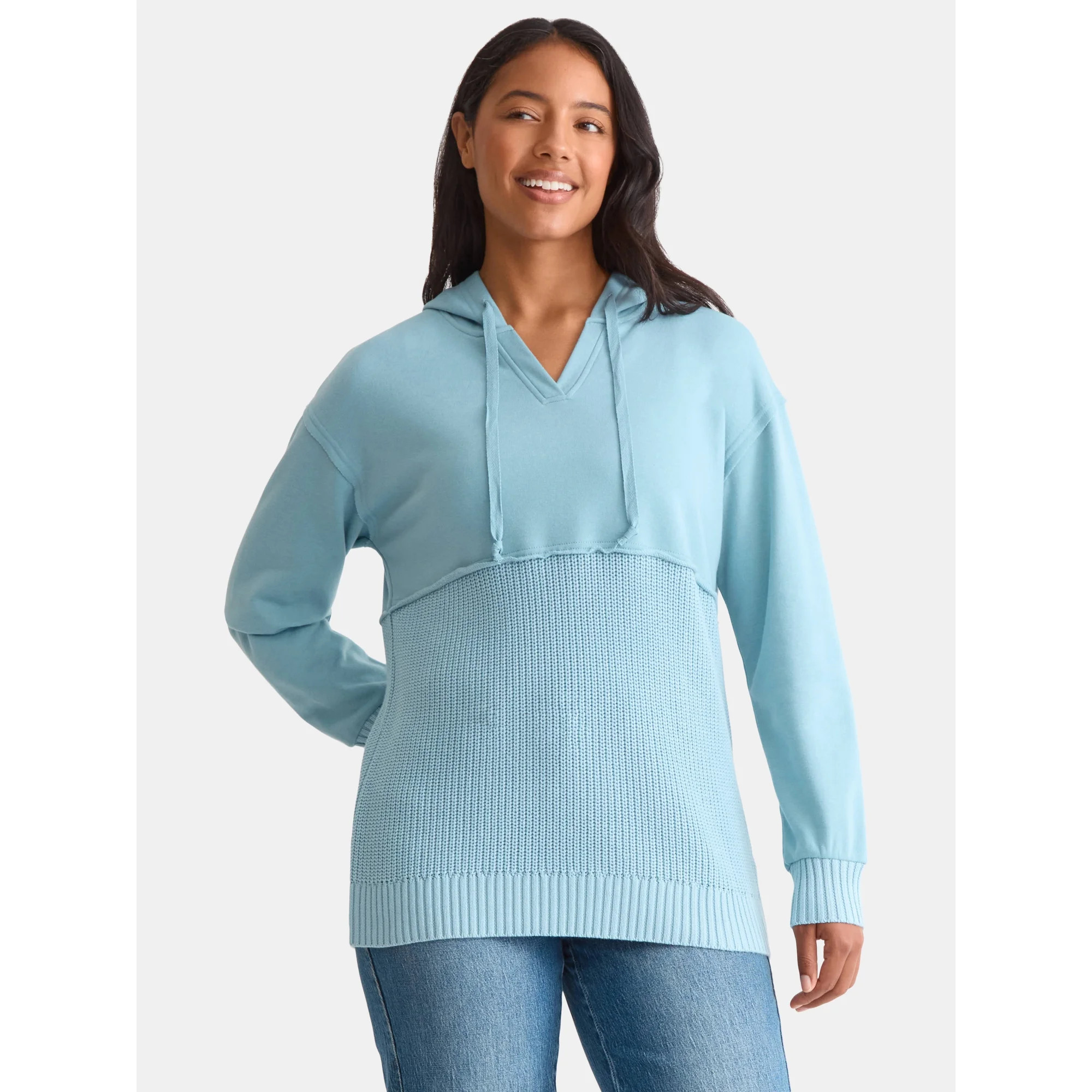Time and Tru Women's and Women's Plus Fashion Mixed Media Hoodie, Sizes XS-4X | Walmart (US)