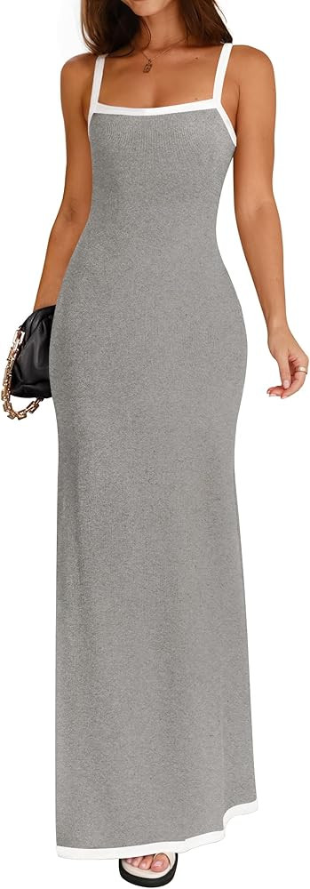 ZESICA Women's Summer Spaghetti Straps Maxi Dress 2024 Sleeveless Square Neck Contrast Ribbed Kni... | Amazon (US)