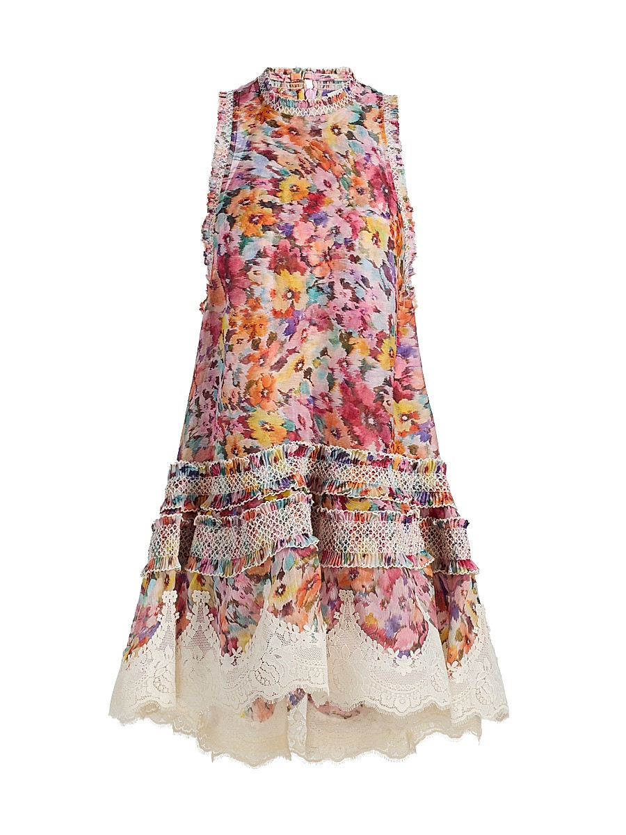Women's Luna Floral Silk-Linen Shirred Lantern Dress - Multi Floral - Size 2 | Saks Fifth Avenue