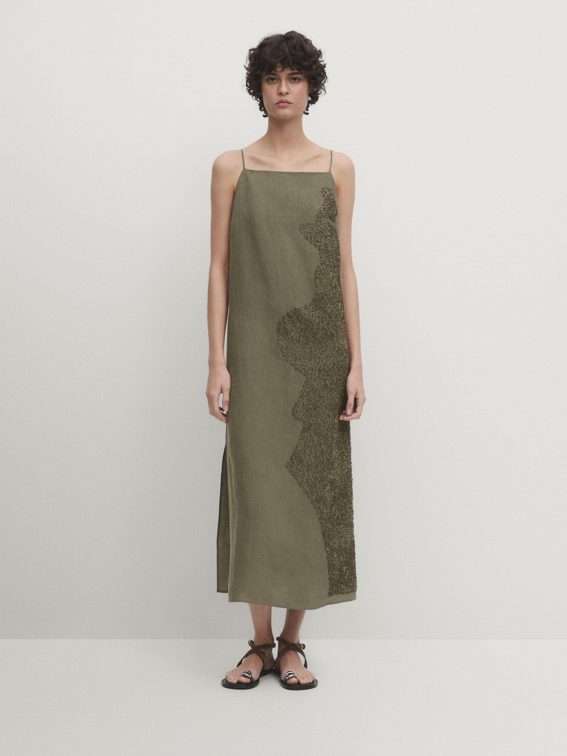 Linen blend midi dress with embroidery detail | Massimo Dutti US