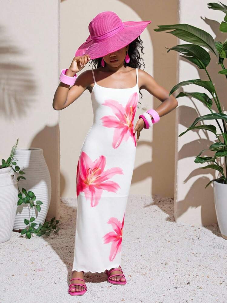 SHEIN Tween Girl Comfortable & Casual Floral Print Cami Snug Fit Mini Dress, Minimalist Style | SHEIN