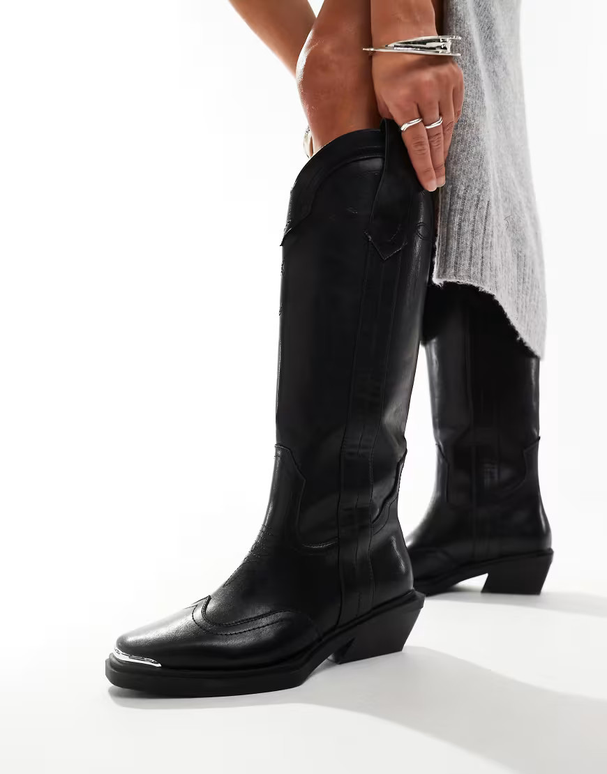 ASOS DESIGN Celeste flat western knee boots in black | ASOS (Global)