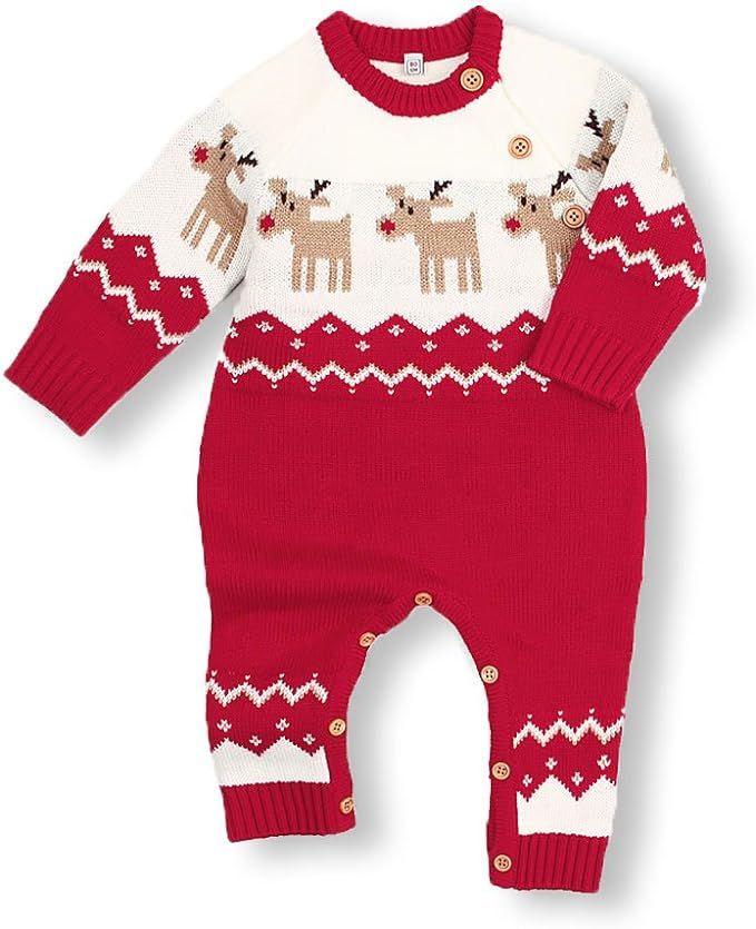 mimixiong Baby Christmas Sweater Toddler Reindeer Outfit Long Sleeve Red Clothes | Amazon (US)