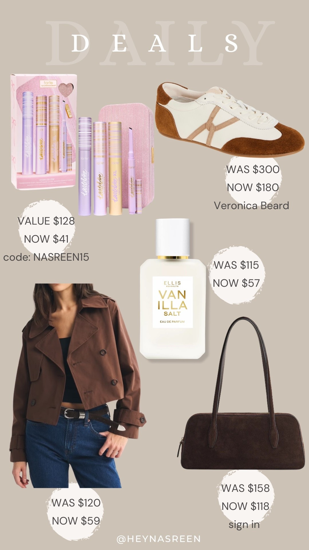 Daily deals on Tarte mascara & liner set, Veronica Beard sneakers, Ellis Brooklyn Vanilla salt perfume, Madewell bag, Abercrombie trench jacket