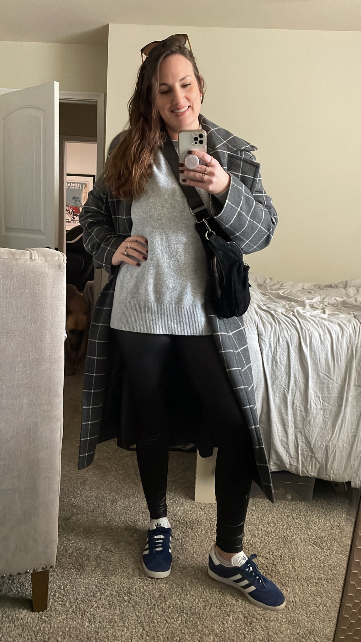 Sunday chilly weather look 🧥 Bet you can’t tell I’m wearing a full bodysuit under this sweater 😼 Also our neighbor gave Garrett these shoes and they fit me better, so been gathering style inspo on how to wear them - what do y’all think? 👟 

#LTKmidsize #LTKshoecrush #LTKover40