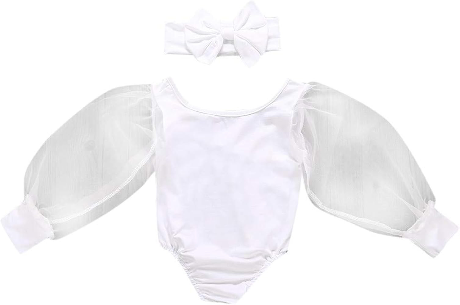 Baby Long Puff Sleeve Mesh Romper with A Bow Wrap Headband Infant Solid Outfits Bodysuit Sets for... | Amazon (US)