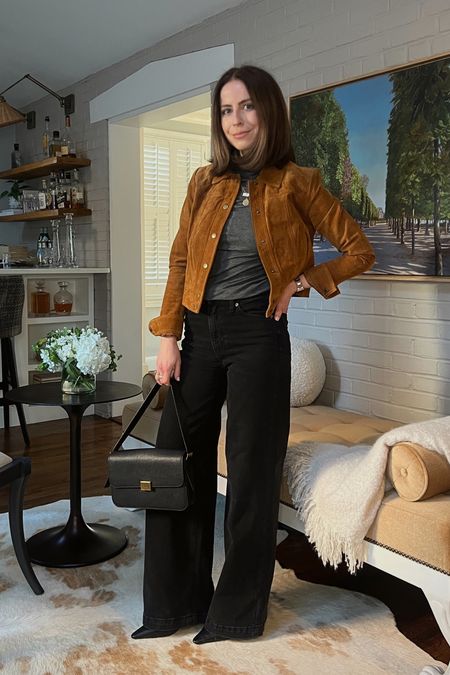 Suede camel cropped jacket Vintage
Black wide leg jeans gap
Grey turtleneck sold out nyc
Black slingback heels Sam Edelman
Pebbled black bag the curated 

#LTKfindsunder100 #LTKstyletip