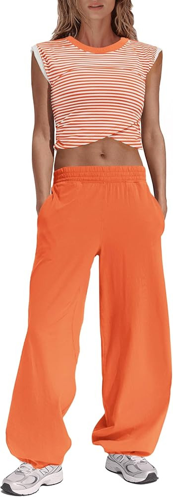 Panadila Womens Striped Lounge Sets 2 Piece Outfits Cropped T Shirts Wide Leg Pants Set Summer Sw... | Amazon (US)