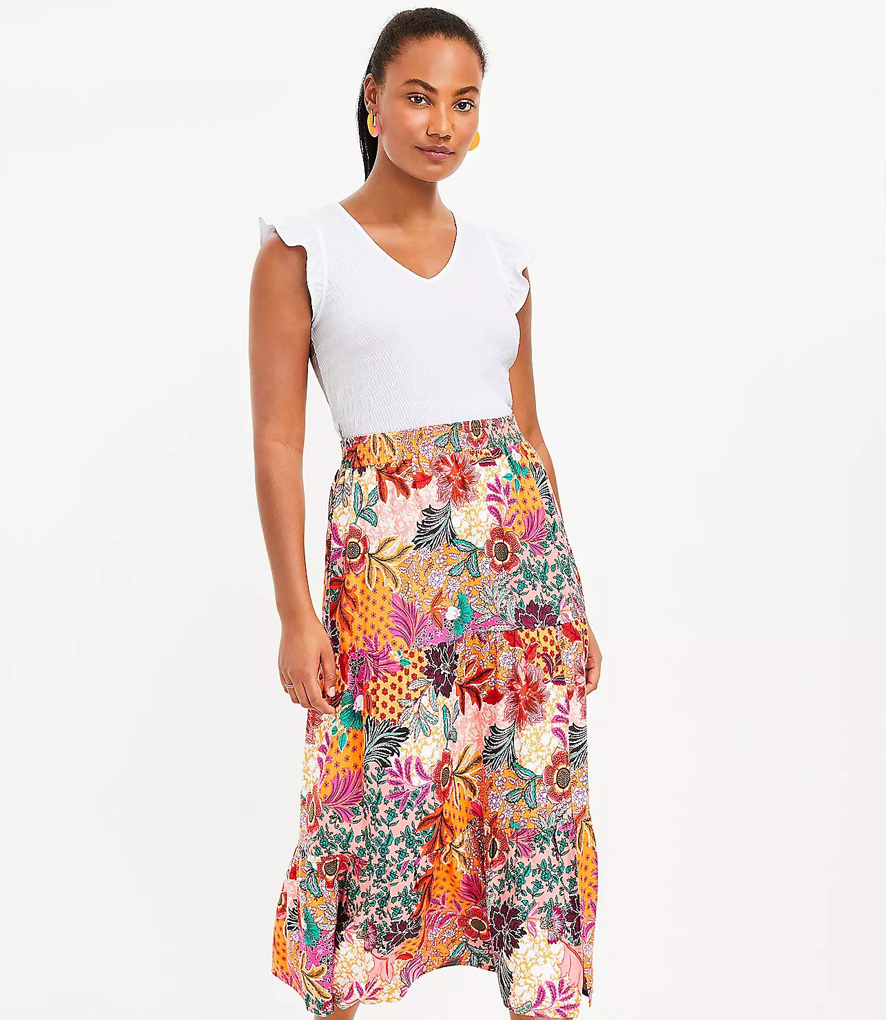 Patchwork Bloom Tiered Slit Maxi Skirt | LOFT