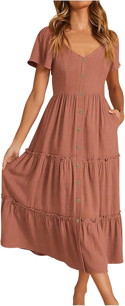 Women's Summer Button Down Shirt Dress Short Puffy Sleeve Tiered Ruffle Flowy Long Maxi Dresses V... | Amazon (US)