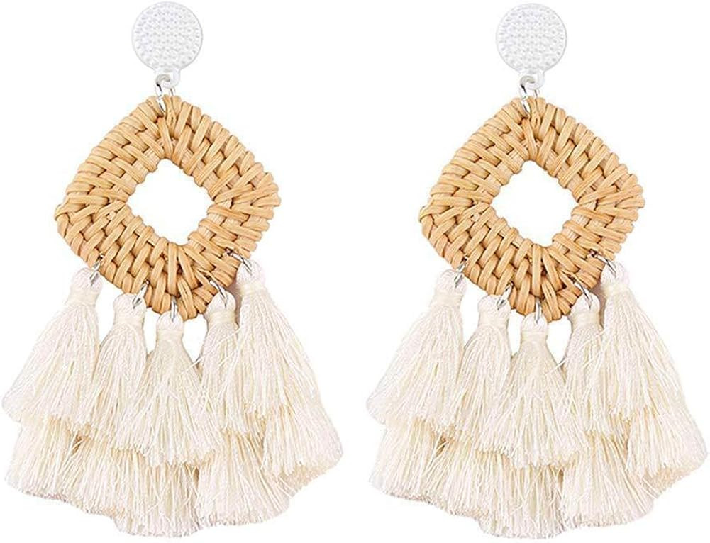 WFYOU Rattan Tassel Earrings for Women Bohemian Statement Handmade Woven Drop Dangle Earrings | Amazon (US)