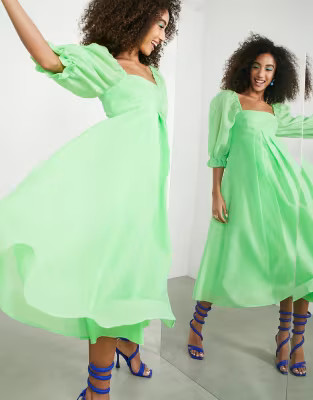 ASOS EDITION organza empire midi dress with full skirt in bright green | ASOS (Global)
