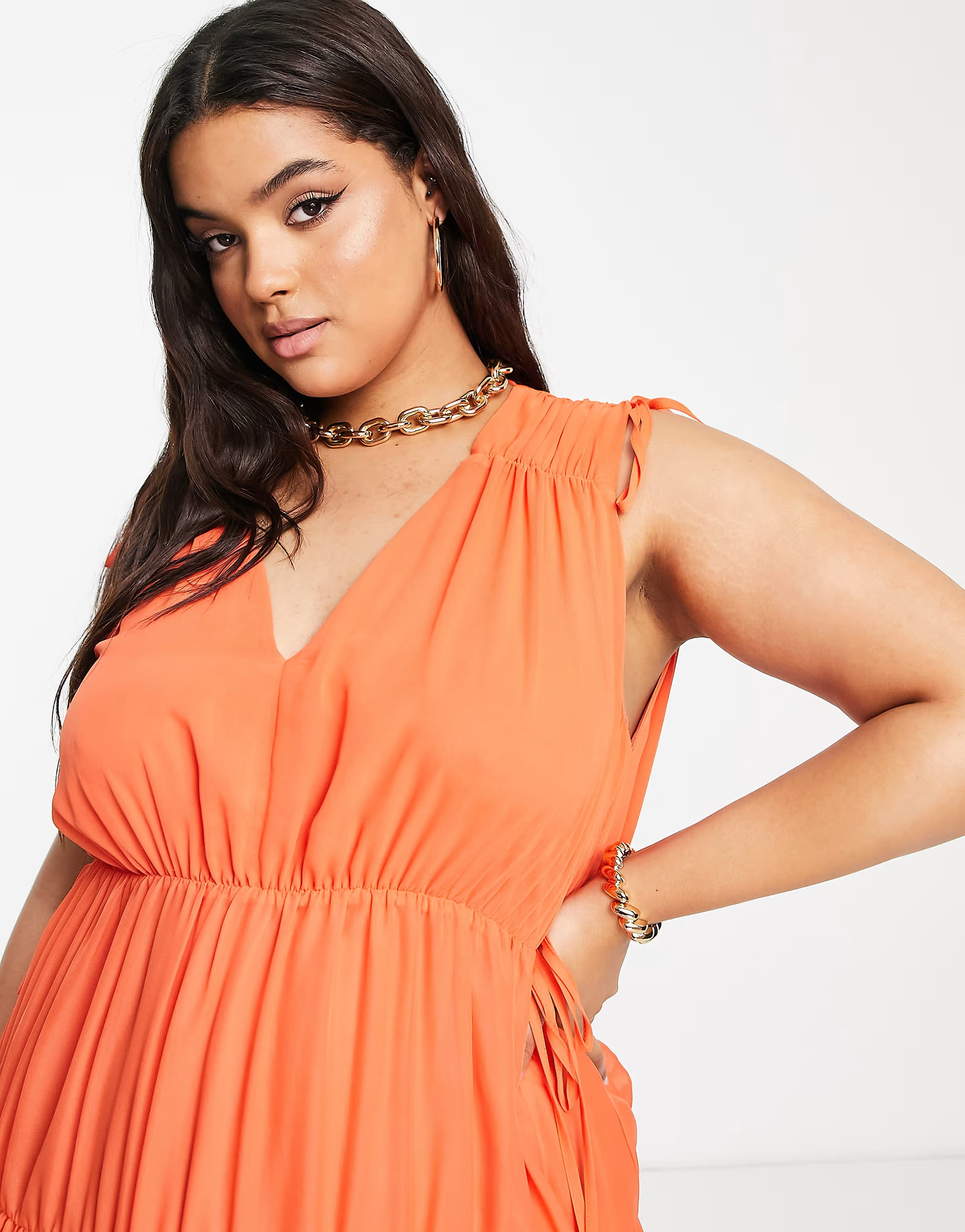 River Island Plus chiffon maxi dress in coral | ASOS (Global)