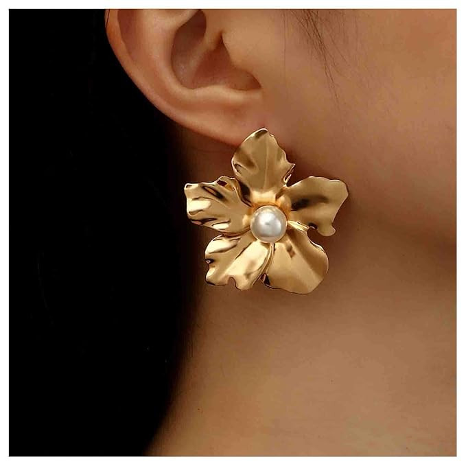 Punk Large Pearl Flower Earrings Vintage Flower Studs Earrings Metal Flower Earrings Gold Big Flo... | Amazon (US)