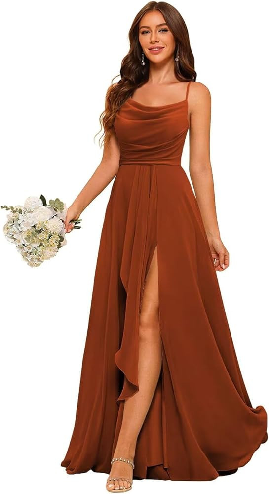 YMSHA A Line Long Chiffon Bridesmaid Dresses with Slit Spaghetti Straps Formal Party Dress YMS370 | Amazon (US)