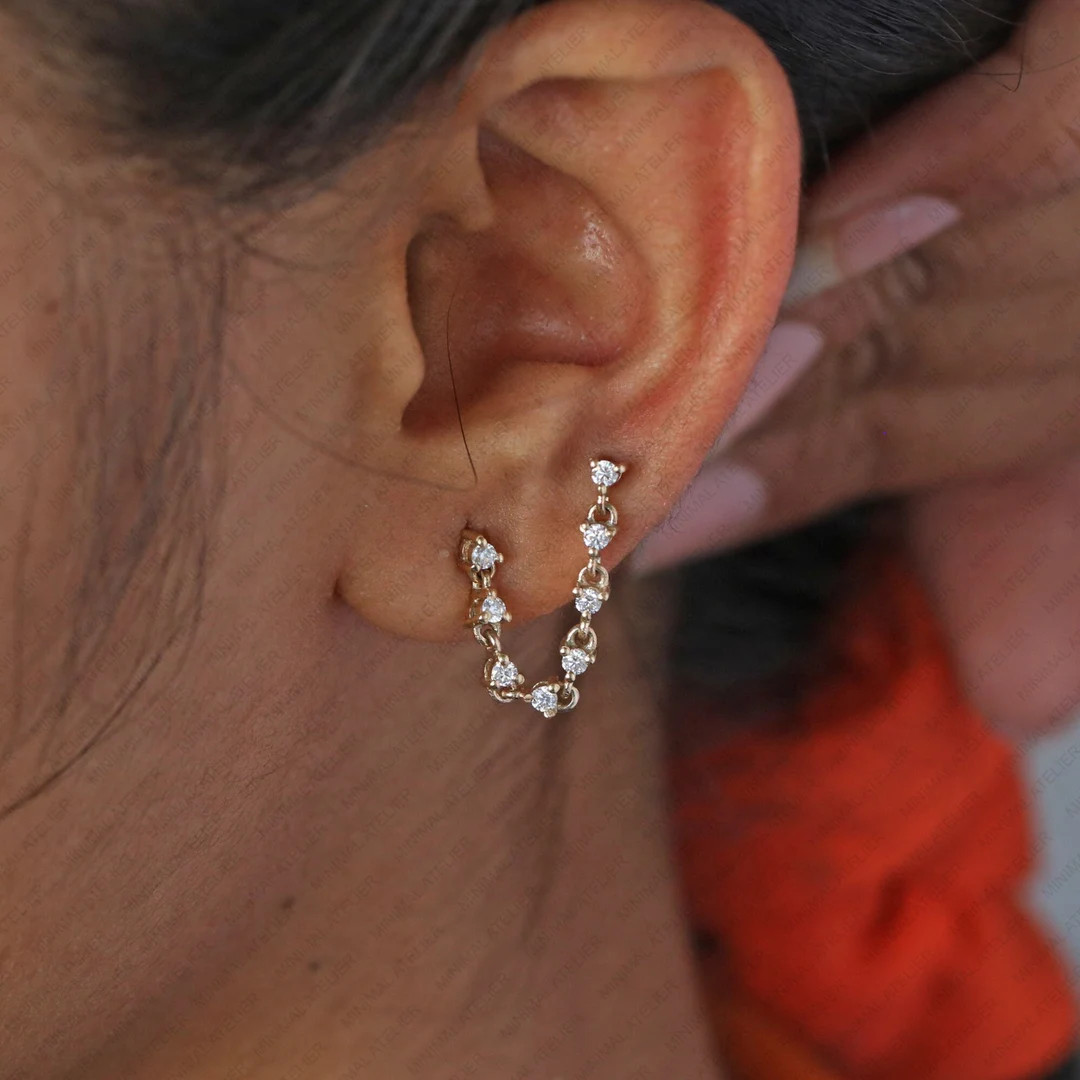 0.65ct Lab grown Diamond Wrap Chain Drop Connecting Earring, Solid 14k Gold Moissanite Two Pierc... | Etsy (US)