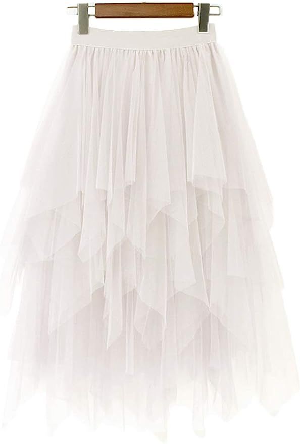 Onlybridal Women's Tulle Skirt Formal High Low Asymmetrical Midi Tea-Length Elastic Waist Skirt | Amazon (US)
