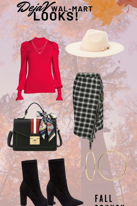 Fall Walmart fashion look 🍁✨ everything about sizing is under description before buying 

Fedora, outfit ideas for fall, black boots, Walmart style, Walmart, affordable fashion, red blouse, wrap knit skirt, 

#LTKunder50 #LTKSeasonal #LTKHoliday