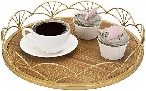 MyGift Burnt Wood Round Serving Tray with Brass Tone Metal Fan-Design Rim | Amazon (US)