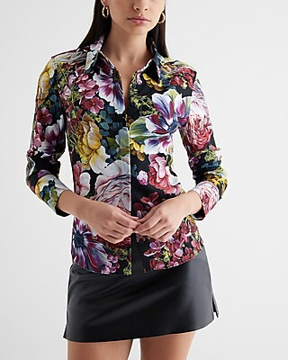 Satin Floral Slim Portofino Shirt | Express