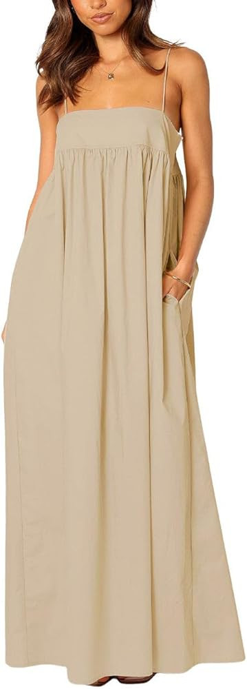 ebossy Women's Summer Backless Tied Spaghetti Straps Casual Loose Cutout Maxi Dress with Pockets | Amazon (US)