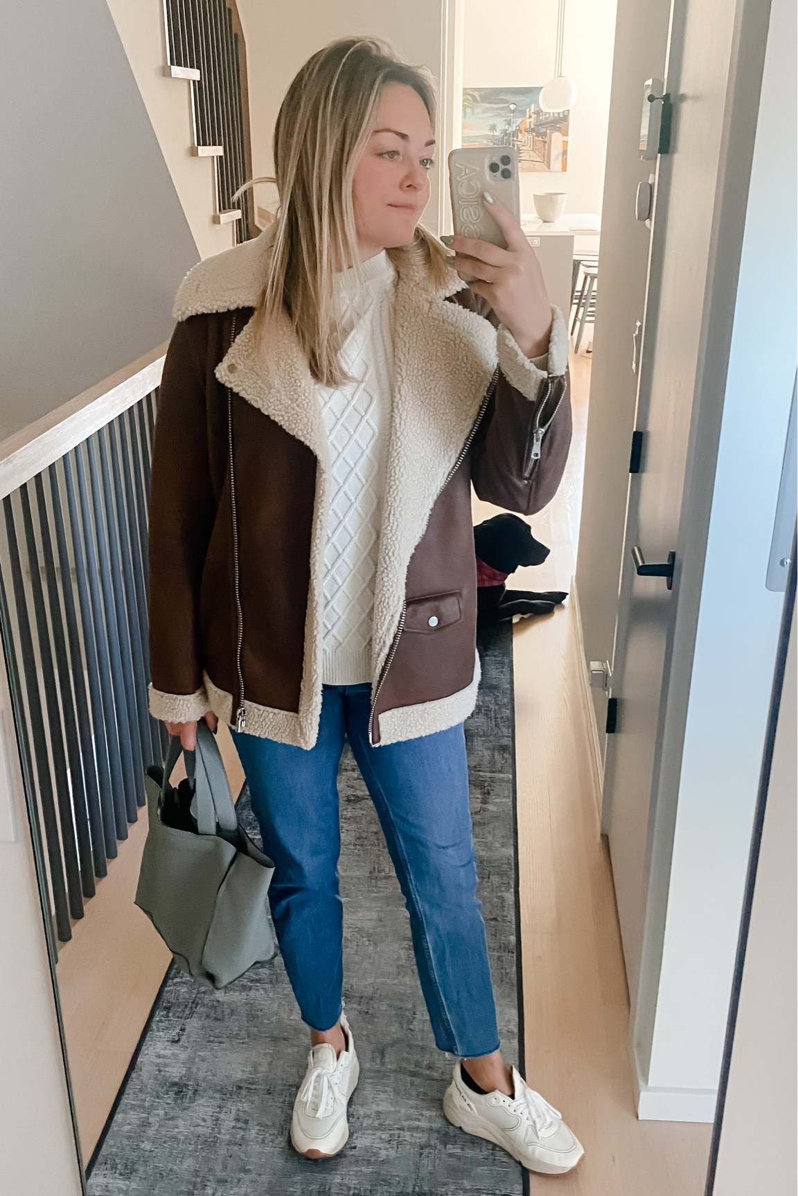 Shearling Biker Coat. Fisherman Sweater. Everlane Jeans. Golden Goose Dad Sneakers. 

#LTKSeasonal #LTKshoecrush